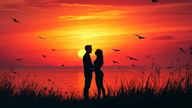 Couple enjoying a romantic sunset kiss near the beach with seagulls flying above in the warm evening glow
