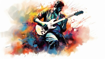 Obraz premium Male Guitarist Performing Classical Music in Abstract Painting Illustration. Fictional Characters Created By Generative AI.