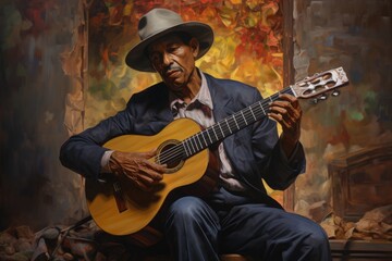 Obraz premium African Male Guitarist Performing Classical Music in Abstract Painting Illustration. Fictional Characters Created By Generative AI.