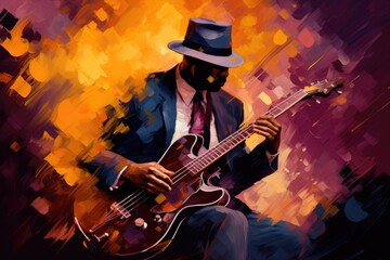 Obraz premium African Male Guitarist Performing Classical Music in Abstract Painting Illustration. Fictional Characters Created By Generative AI.