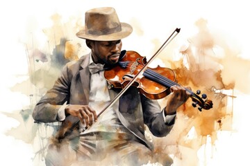 Fototapeta premium African Male Violinist Musician Performing Classical Music in Abstract Painting Illustration. Fictional Characters Created By Generative AI.
