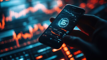 A person making a cryptocurrency transaction on a smartphone, with a glowing blockchain