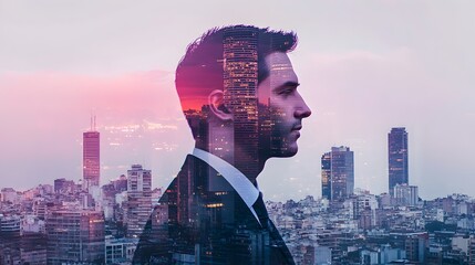 Silhouetted Business Executive Overlooking Vibrant Cityscape at Sunset
