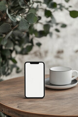 smart phone blank white screen mockup on a wooden table with attractive background generated by AI