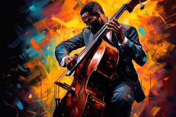 African Male Guitarist Performing Classical Music in Abstract Painting Illustration. Fictional Characters Created By Generative AI.