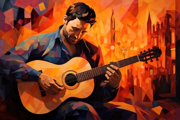 Male Guitarist Performing Classical Music in Abstract Painting Illustration. Fictional Characters Created By Generative AI.