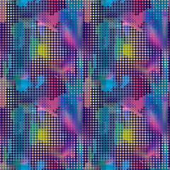 Optical illusion created with multi-colored dots. Seamless pattern.