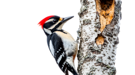 Woodpecker climbing a birch tree during bright daylight hours isolated on transparent background