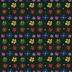 Colorful flowers pattern in black background, seamless pattern