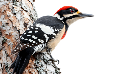 Woodpecker perched on a tree trunk in natural habitat during daylight isolated on transparent background