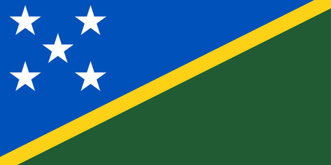 National Flag Solomon Islands, thin, yellow stripe dividing diagonally from the lower the upper triangle is blue with five white five-pointed stars and the lower triangle is green