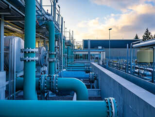 Water recycling facility in an industrial landscape showcasing large blue pipes and modern infrastructure. scene reflects innovation and sustainability in water management