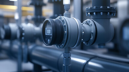 Advanced industrial water pump station featuring modern technology and precision instruments. image showcases close up of water flow meter, highlighting its intricate design and functionality