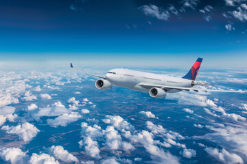 Obraz premium Blank Livery Travel Airplane Soaring in Blue Sky - High Resolution Image for Travel Concepts