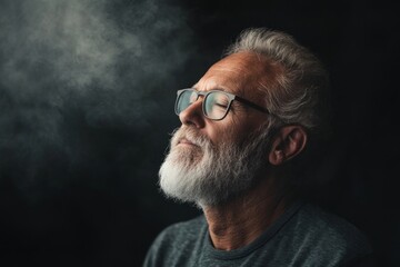 A senior man in a contemplative pose with soft smoke surrounding him. The introspective atmosphere conveys depth, wisdom, and reflection.