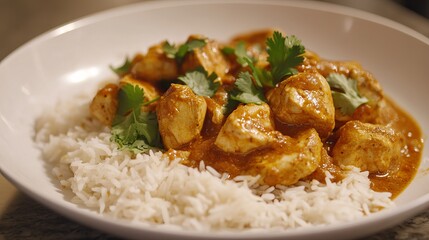 This spicy Indian dish features marinated chicken cooked in a blend of aromatic spices and herbs, accompanied by fluffy rice.