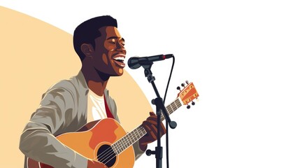 Fototapeta premium Passionate Male Singer Singing into the Microphone with Playing Guitar on White and Yellow Background. Fictional Characters Created By Generative AI.
