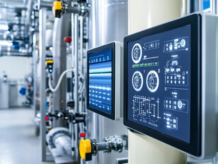 Smart water management system in factory, showcasing advanced technology and monitoring screens. environment reflects modern industrial setting with efficient machinery and control panels