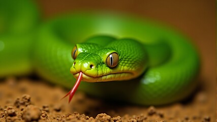 Fototapeta premium a green snake with a red tongue sticking out of its mouth.