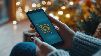 A person using a mobile phone for online shopping, with a shopping cart icon visible on the screen.