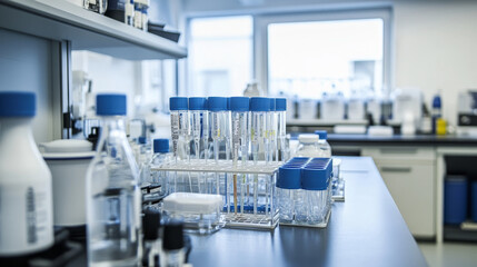 Laboratory equipment including test tubes and containers are organized on lab bench, showcasing clean and modern environment ideal for water quality testing