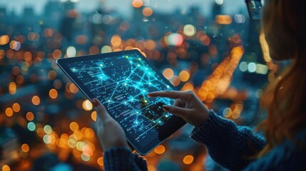 Exploring digital innovation at dusk with vibrant city lights as a backdrop and technology in hand. Generative AI