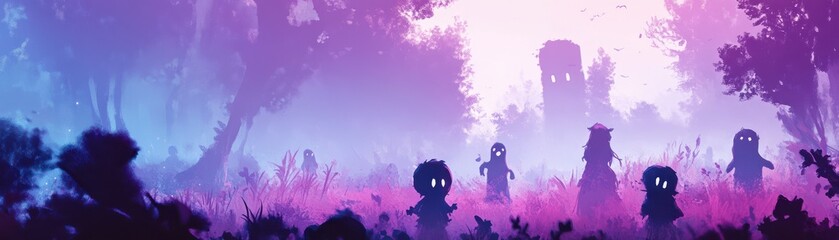 Ethereal silhouettes wander in a mystical forest bathed in vibrant purple and blue hues during twilight, creating an enchanting scene.