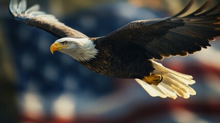 Naklejka premium Flying American Eagle Hunting with Flag in the Background - Patriotic USA Theme for Memorial Day, Veterans Day, or Fourth of July Holidays