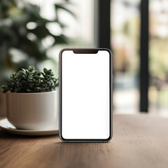 smart phone blank white screen mockup on a wooden table with attractive background generated by AI
