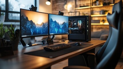 Naklejka premium computer desk setup with dual monitors in a warmly lit room, featuring a dark wood finish