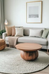 Modern art and vibrant décor accents adorn a beige sofa in this cozy living room