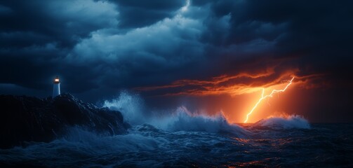 A lighthouse on a rocky cliff during a storm, with waves crashing against the rocks and lightning in the distance