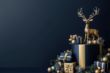 Gold Deer Figurine with Christmas Presents and Ornaments on a Blue Background