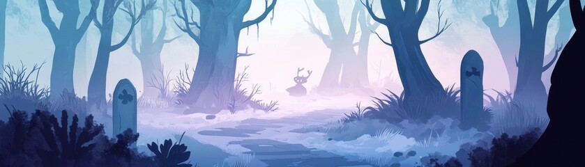 Obraz premium Mysterious forest path shrouded in mist, featuring dark trees and eerie atmosphere, perfect for fantasy or horror themes.