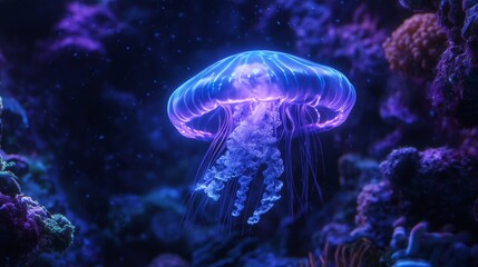 Bioluminescent Jellyfish Underwater with Coral Reef