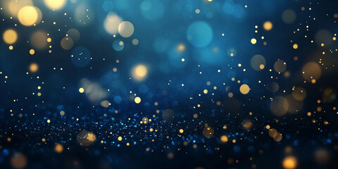 Dark navy blue background with sparkling golden lights bokeh effect 