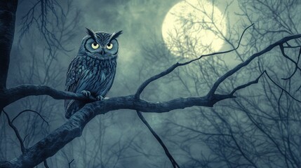 Mysterious owl perched on a branch under a full moon in a dark forest, evoking a sense of wonder and the beauty of nature.