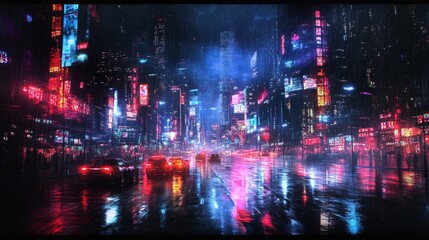 Fototapeta premium Neon Cityscape in the Rain