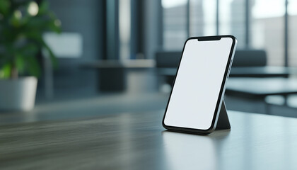 smart phone blank white screen mockup on a wooden table with attractive background generated by AI