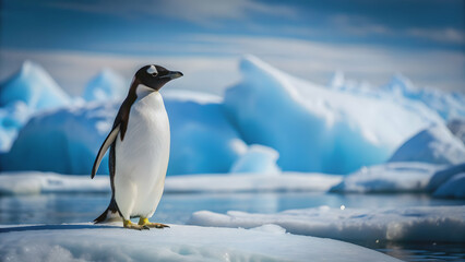 Fototapeta premium Penguin standing on icy snow in Antarctica , penguin, winter, cold, bird, wildlife, ice, snow, Antarctica, cute