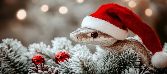Serpent Santa Close-up, Festive Snake in Red Christmas Hat Amidst Pine, Twinkling Lights