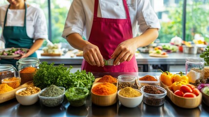 Naklejka premium Busy Restaurant Kitchen Scene with Chef Preparing Fresh Ingredients and Colleagues in the Background.