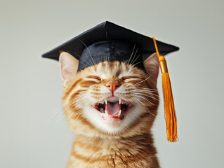 Happy cat wearing a graduation cap