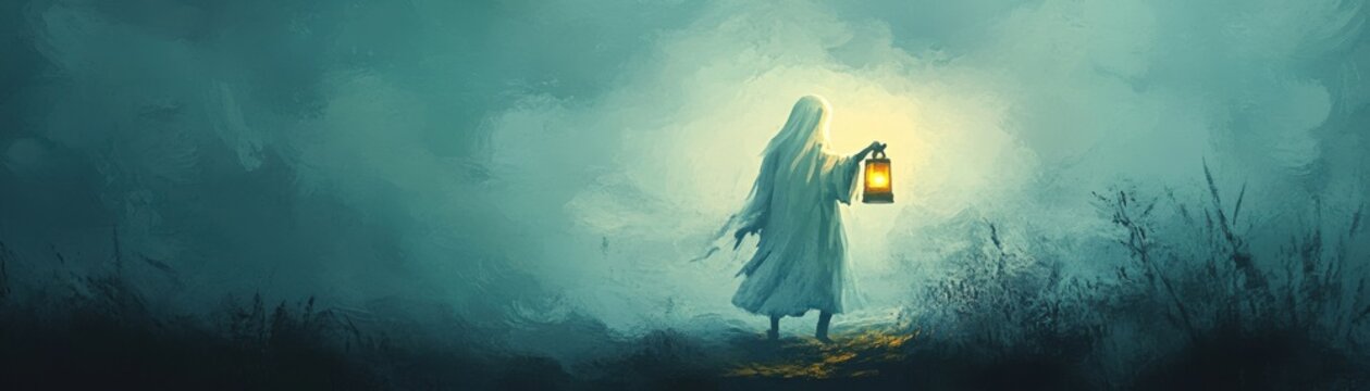 A ghostly figure holding a lantern walks through a misty landscape, creating an eerie atmosphere filled with mystery.