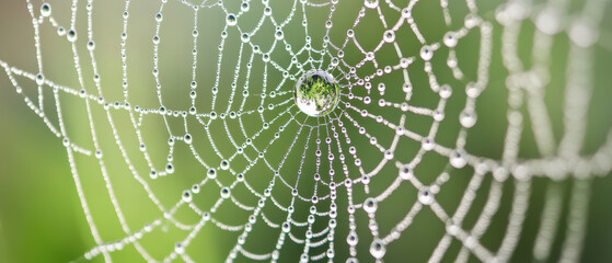 Intricate patterns of spider web are revealed through magnifying glass, showcasing droplets of water that reflect surrounding nature. delicate beauty of this natural creation evokes sense of wonder an