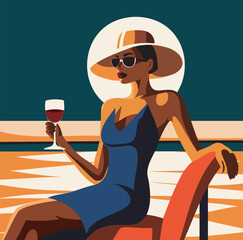 Fashion abstract vector illustration. African American woman in hat with glass on sunset background on vacation. Tourism. Banner, poster for advertising or party invitation