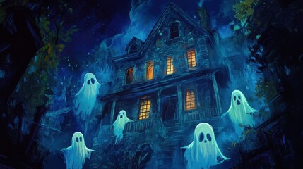 A haunted house scene illuminated by ghostly apparitions in a dark, eerie atmosphere, perfect for Halloween-themed designs.