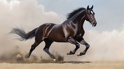 A Bay Horse Galloping Through a Dusty Field