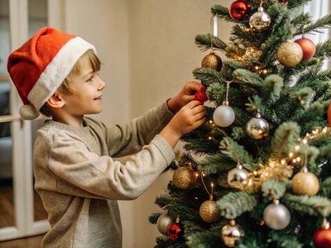 Smiling boy in santa hat decorating christmas tree at home