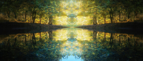 Obraz premium A serene reflection of life mirrored in still pond, surrounded by vibrant trees and lush greenery. tranquil scene evokes sense of peace and harmony with nature